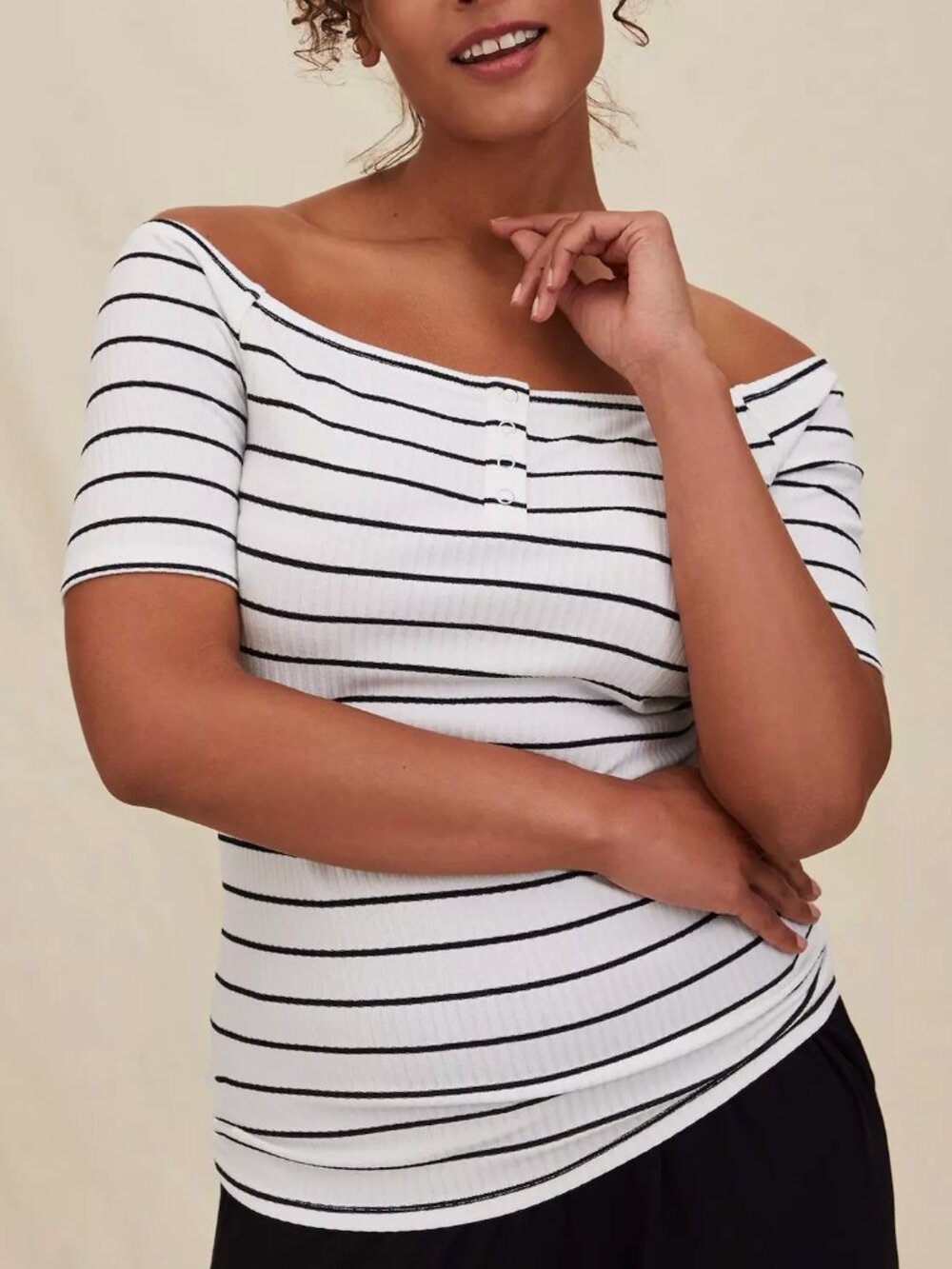 NEW NWT TORRID 1 Plus Size Ribbed Off Shoulder Henley Tee White Black Striped 1X